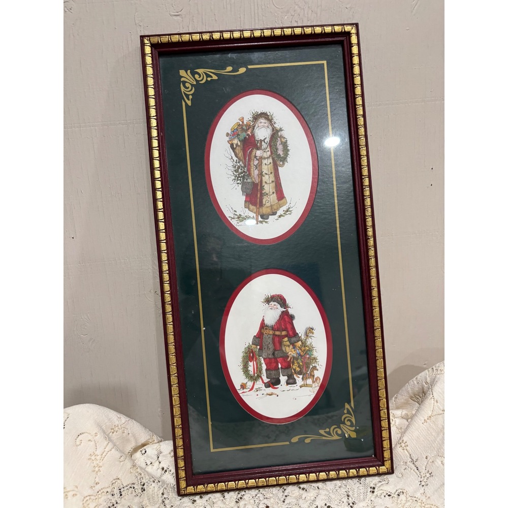 Vintage Framed Christmas Santa Claus Wall Art Double Oval Mat Red Gold 21.5x9.5